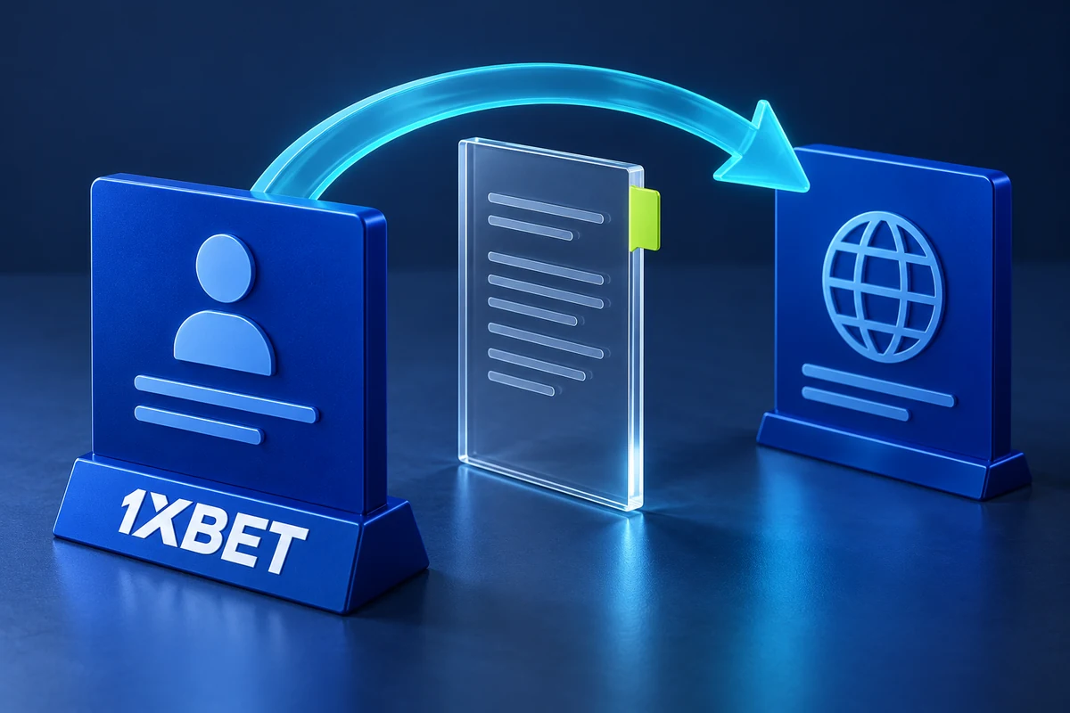 A cyan referral arrow passes over a clear disclosure sheet between a 1XBET publisher panel and a website panel.
