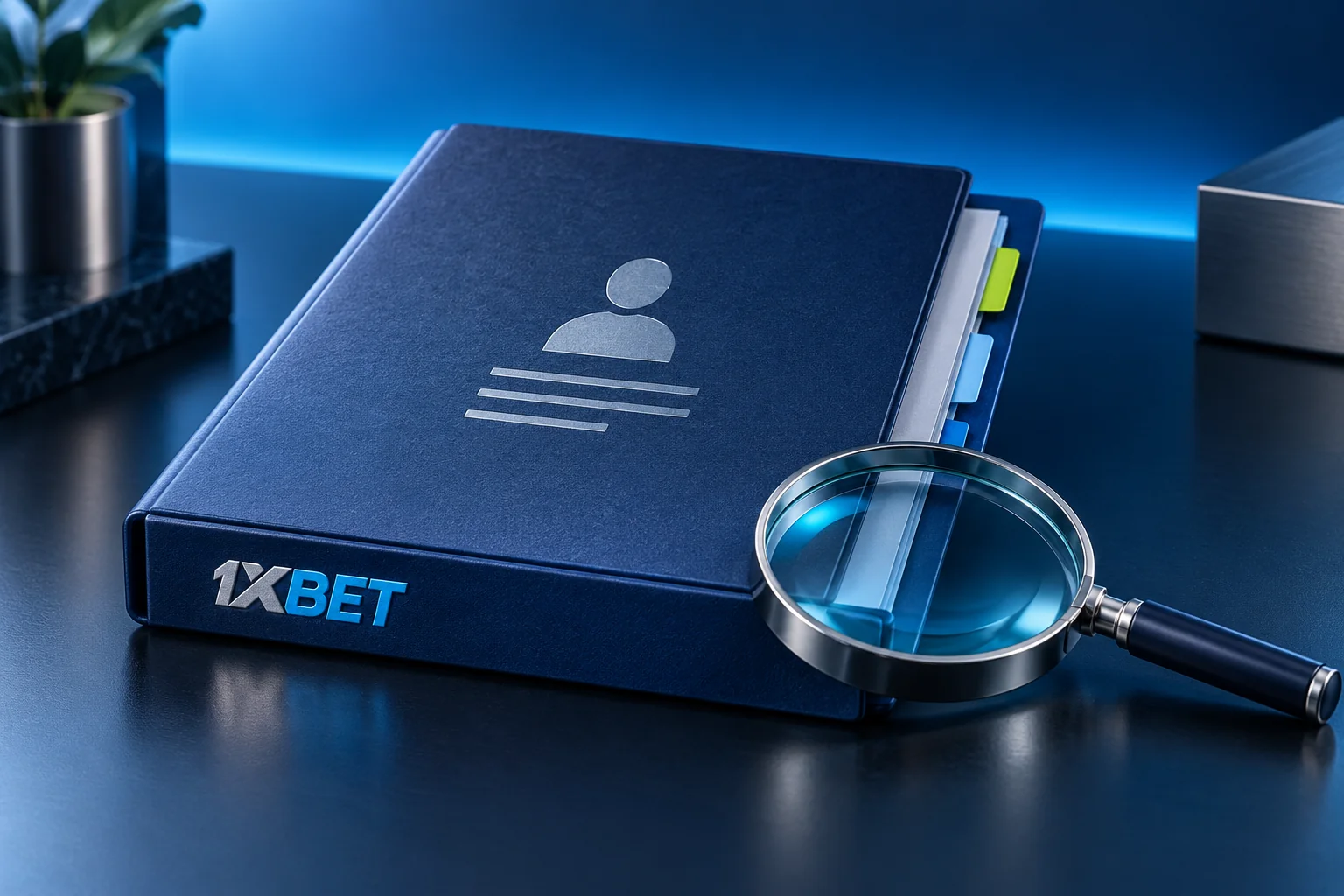 An identity-document folder with blank tabs and a magnifying glass, with 1XBET embossed on the folder edge.