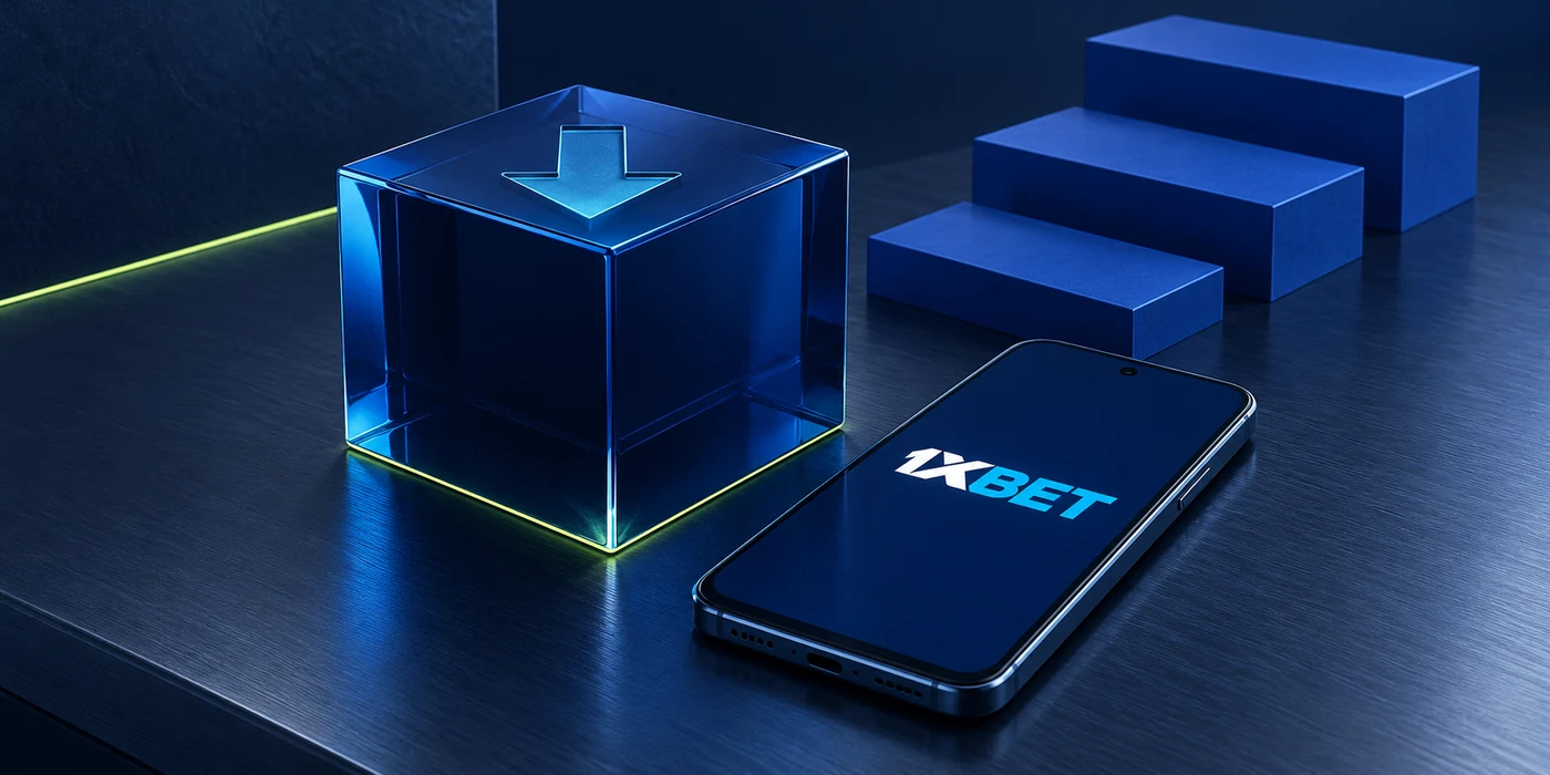 A 1XBET phone and blue package cube beside plain steps representing Android installation.
