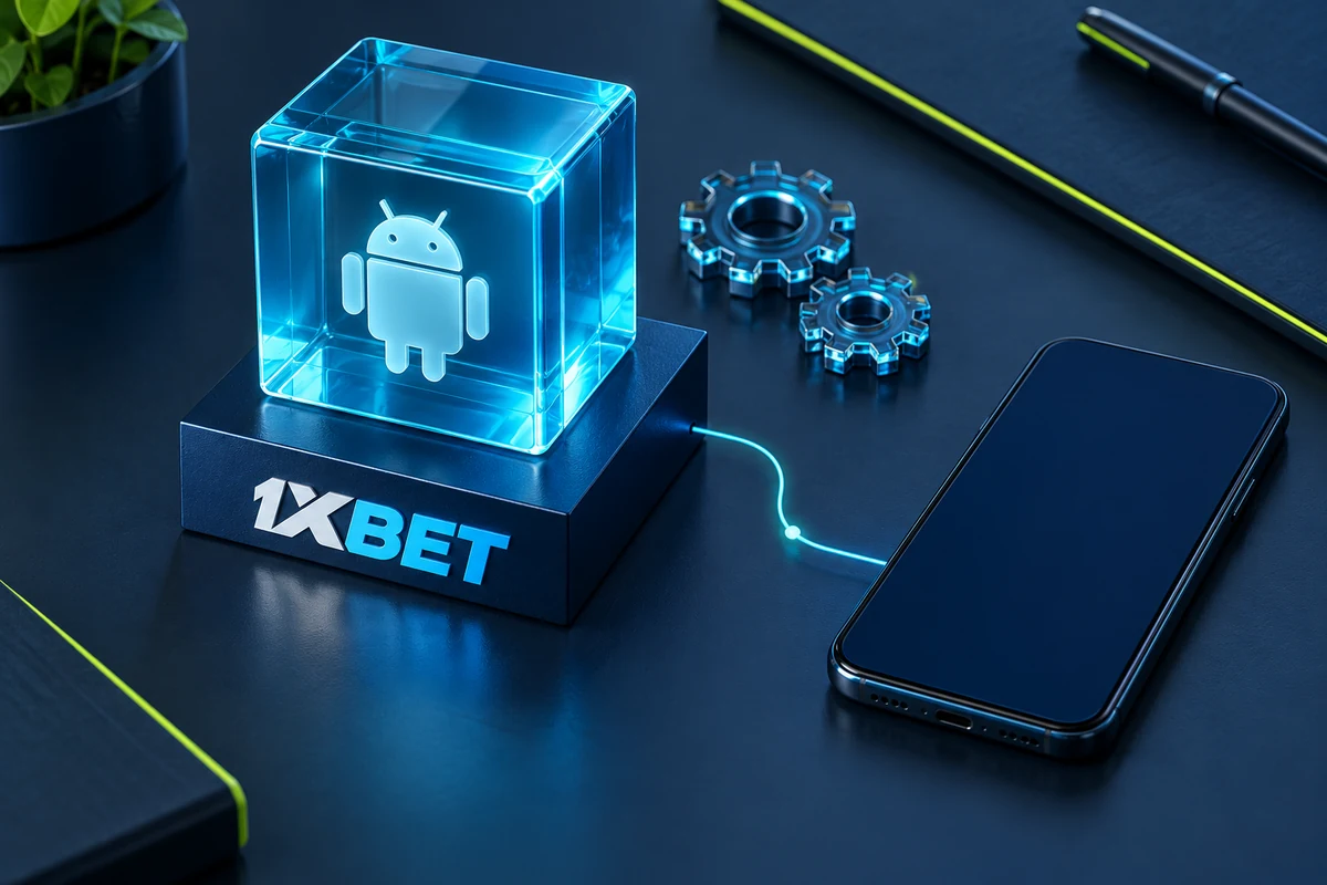 An Android-symbol cube on a 1XBET plinth with gear discs and a blank phone.