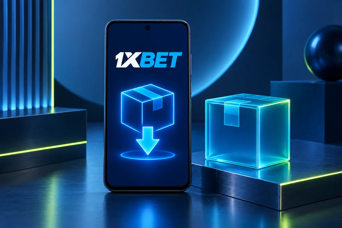 An Android-style phone with 1XBET lettering beside a package illustration.
