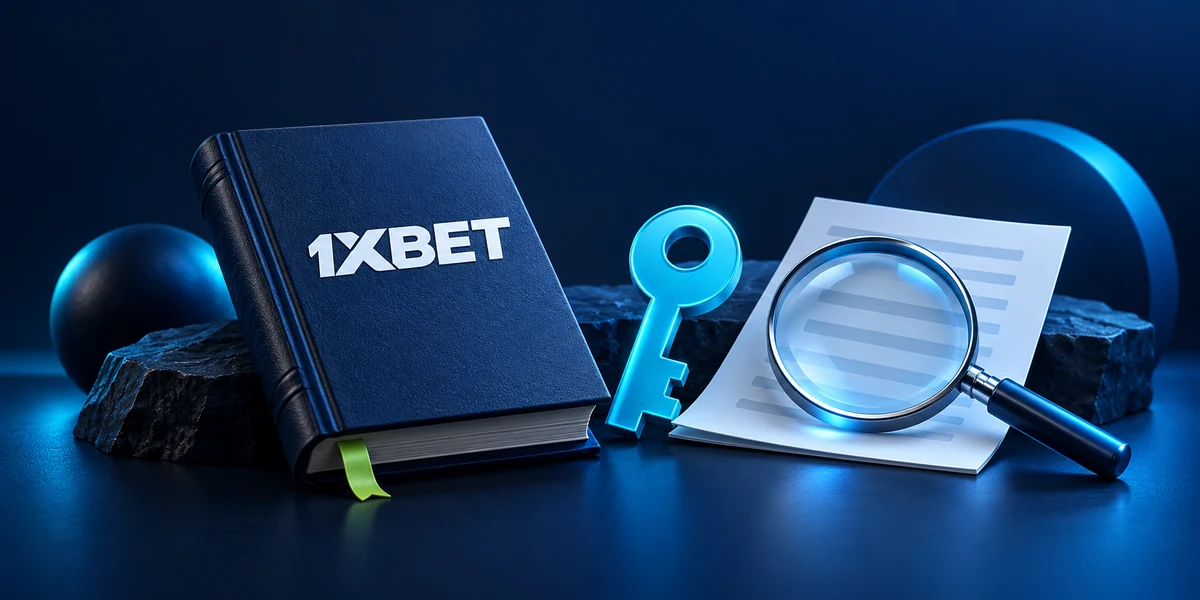 A 1XBET website book beside a blue key and a magnifying glass over a document.