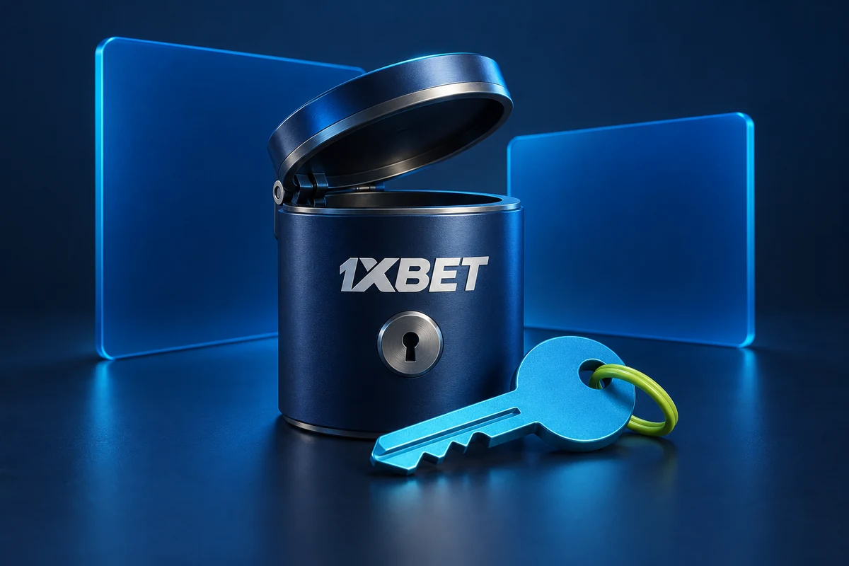 A navy 1XBET key safe beside a cyan key and blue privacy screens.