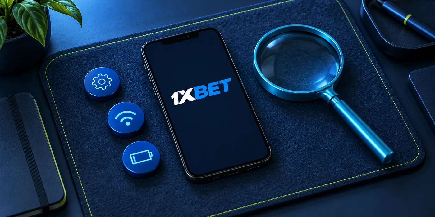 A 1XBET phone on a work mat with a magnifying glass and neutral diagnostic symbols.