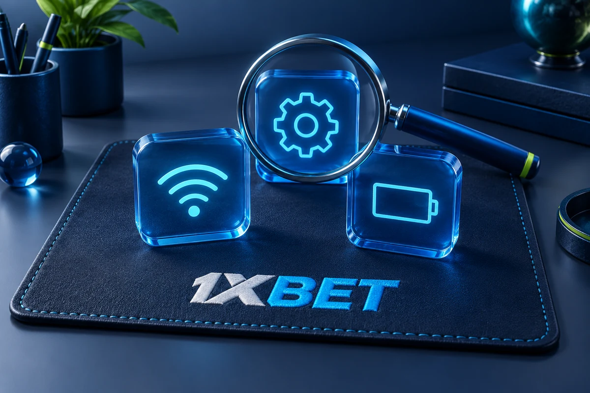 A 1XBET work mat holds wireless, gear and battery symbols beside a magnifying glass.