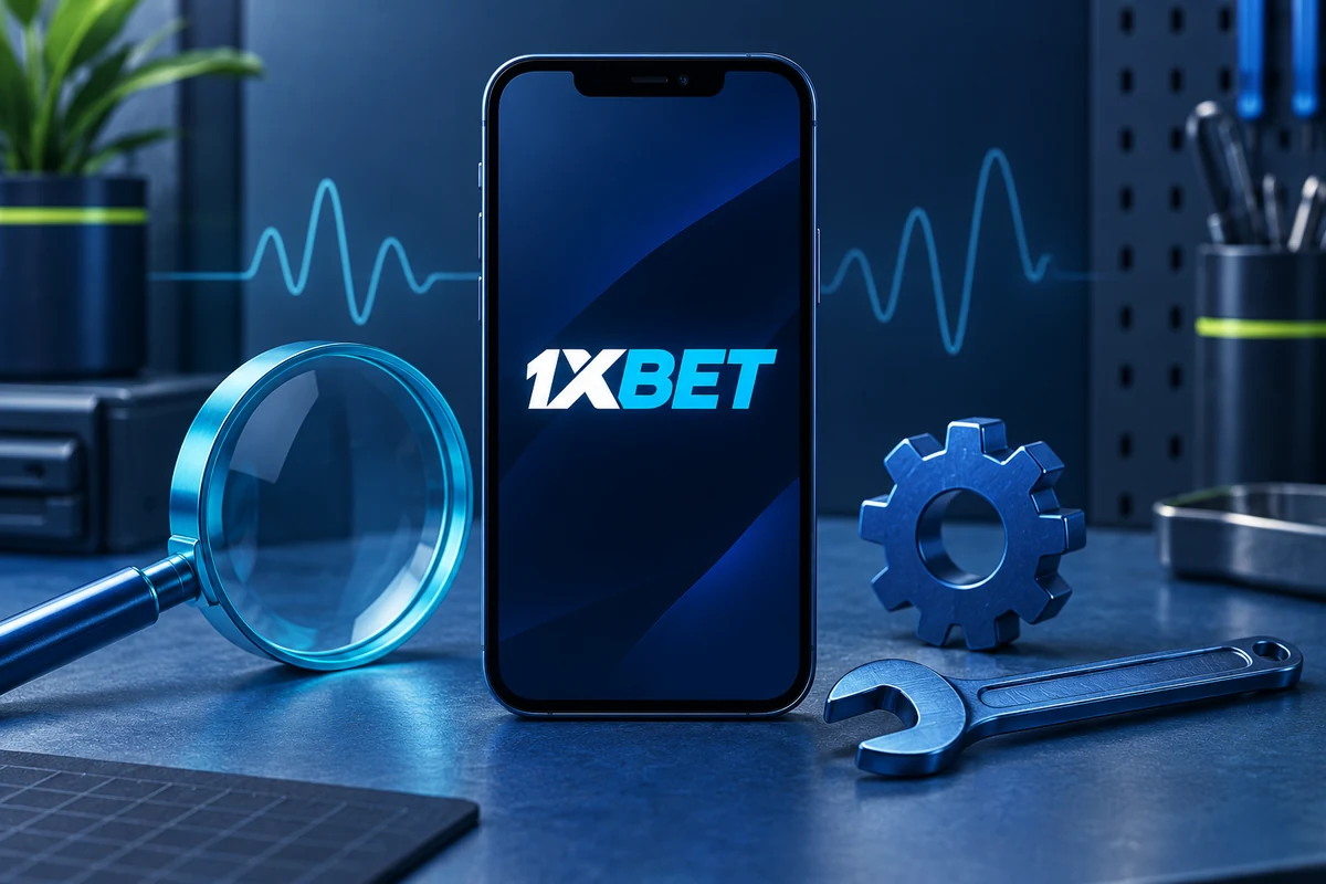 A 1XBET phone with a magnifying glass, wrench and gear illustrating troubleshooting.