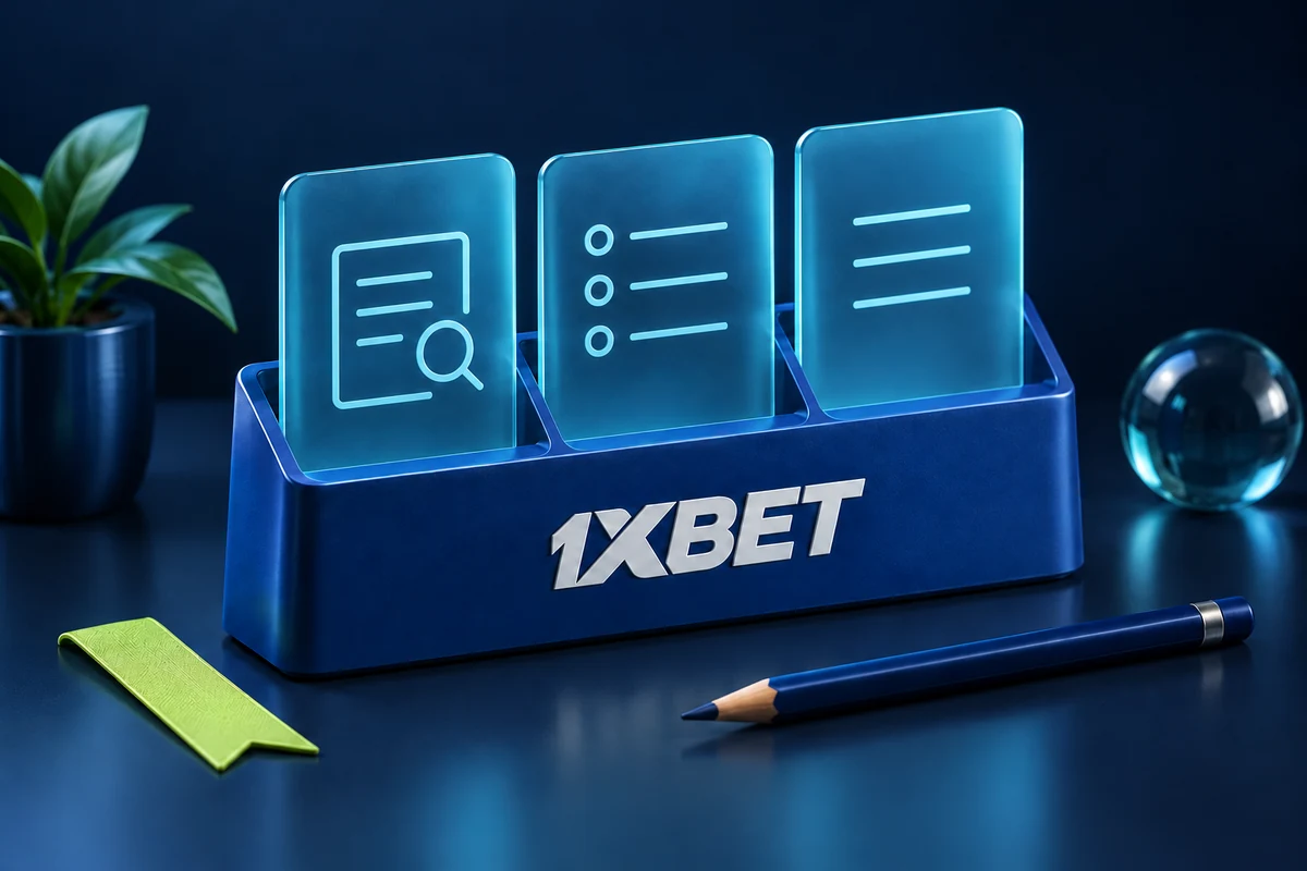 A 1XBET organiser holding three translucent terms panels beside a bookmark and pencil.