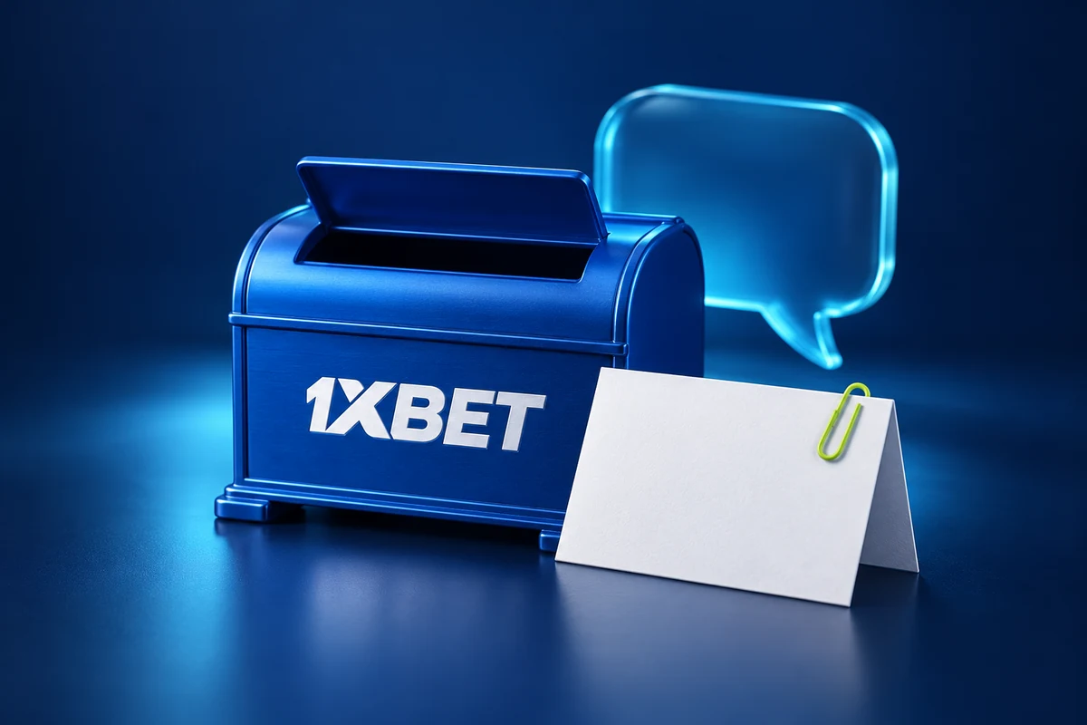A blue 1XBET letter box with a blank message card and an empty cyan speech bubble.