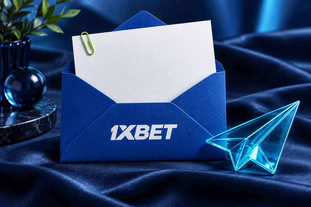 A blue 1XBET envelope with a blank message card and glass paper plane.