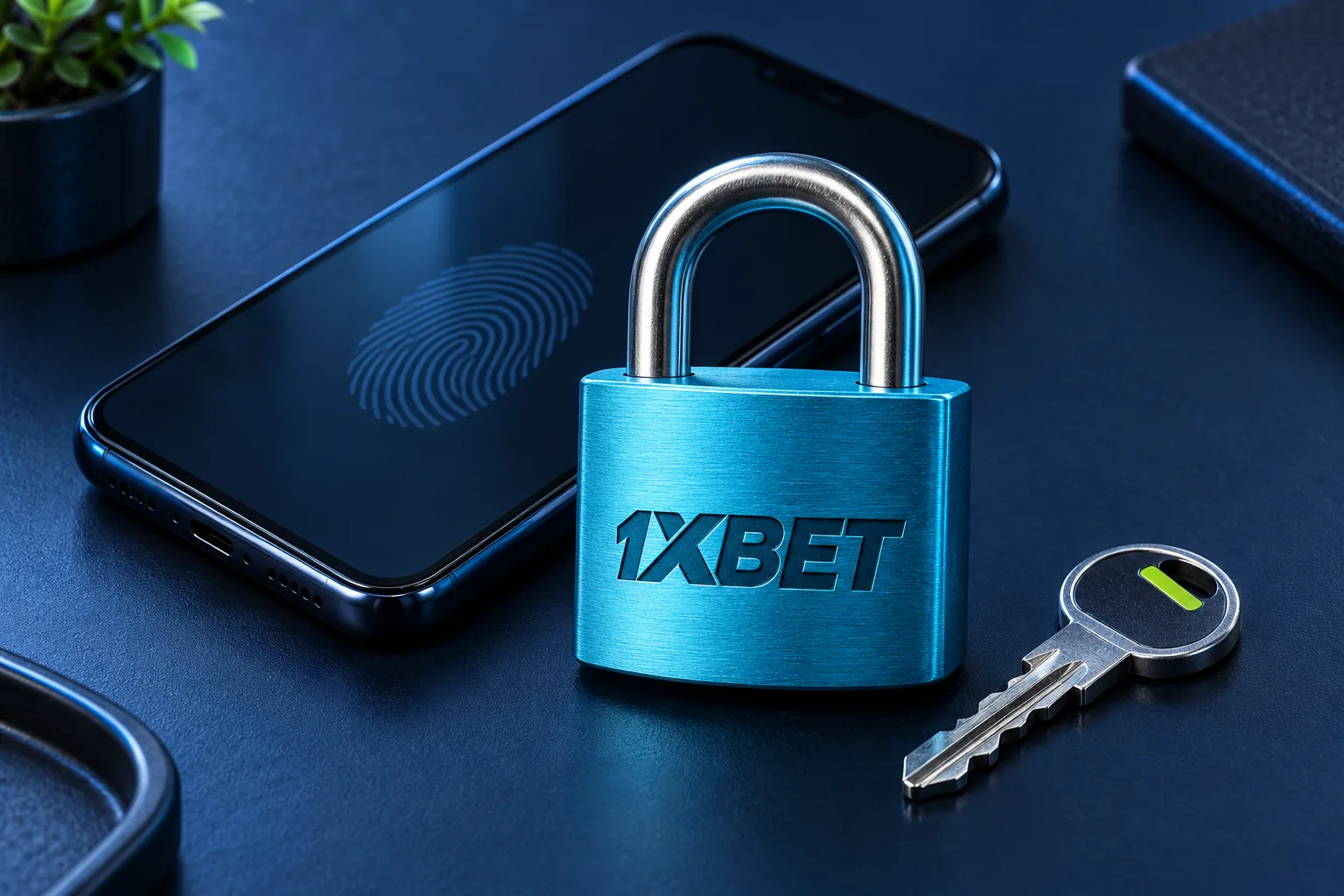 A cyan padlock engraved with 1XBET and a metal key beside a phone displaying an abstract fingerprint.
