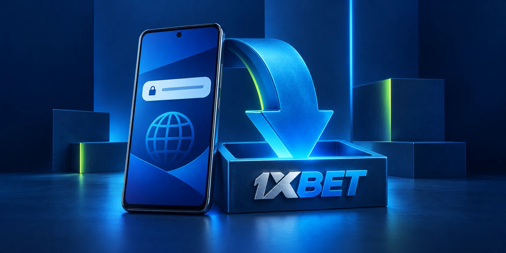 A phone with a browser symbol beside a download arrow and a tray bearing the 1XBET name.