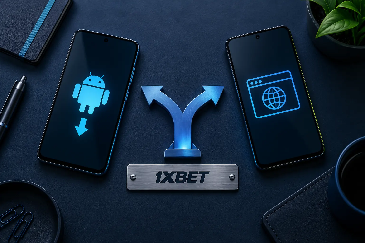 Two phones show Android download and browser symbols beside a branching arrow and an engraved 1XBET desk strip.