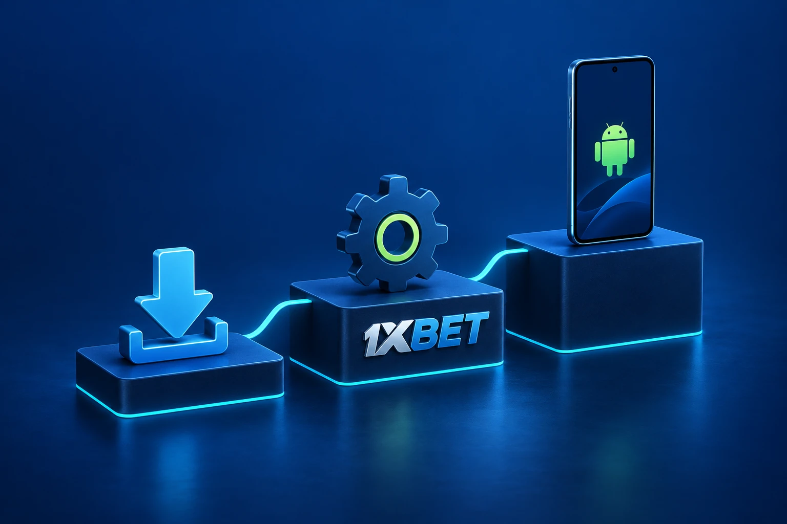 Three connected platforms show a download arrow, a settings gear and an Android phone, with 1XBET embossed on the middle platform.