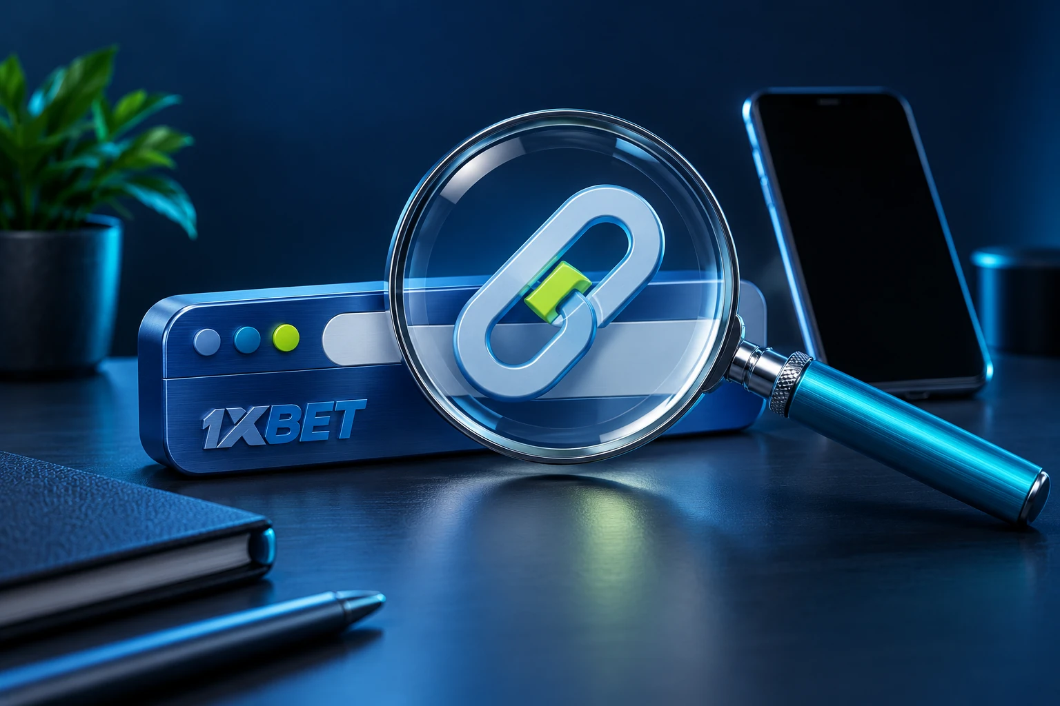 A magnifying glass enlarges a chain-link symbol above a browser-shaped object engraved with 1XBET.
