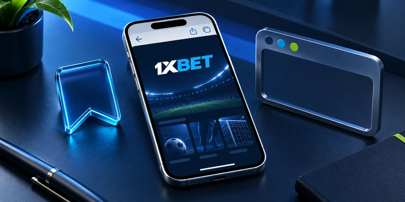 An iPhone-style browser showing 1XBET beside a bookmark and browser-frame illustration.