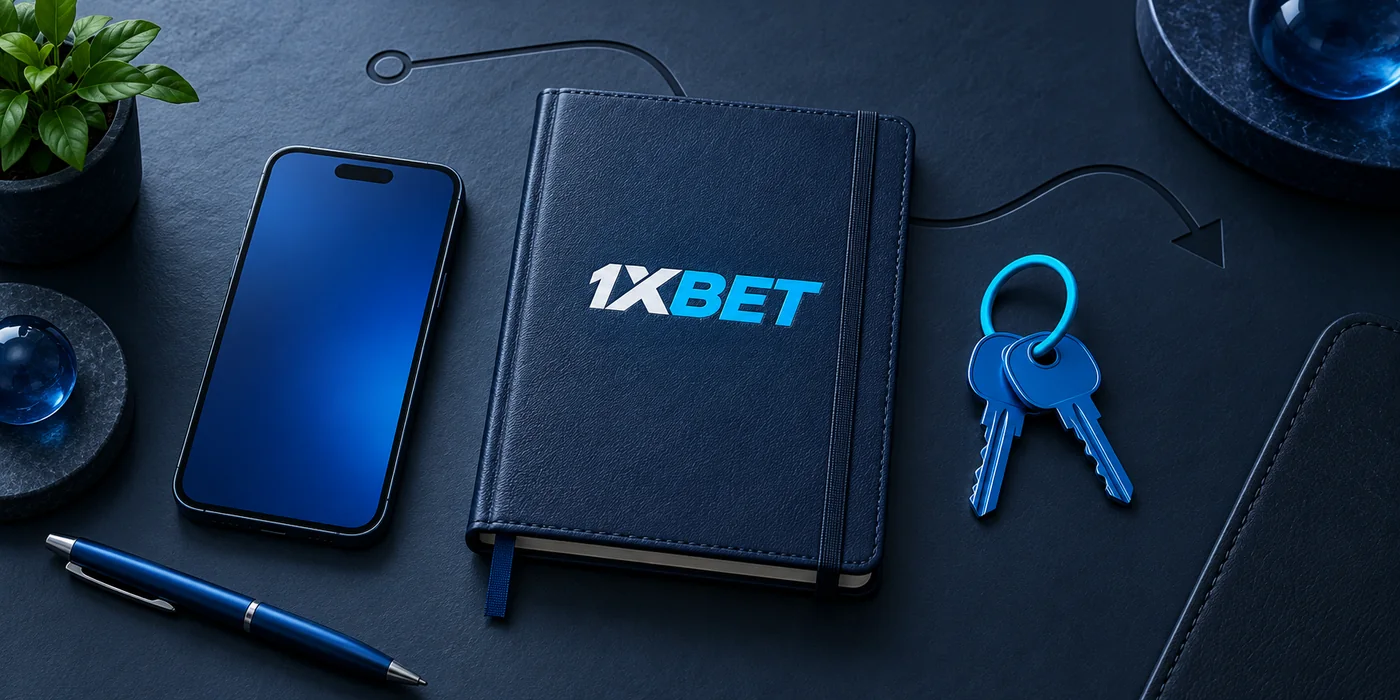 A 1XBET notebook beside a phone and blue keys representing account recovery options.