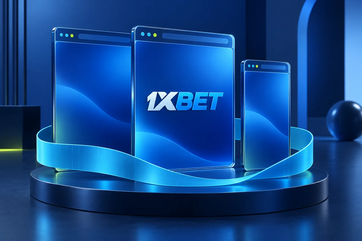 Three browser frames illustrate responsive screen sizes around a 1XBET panel.