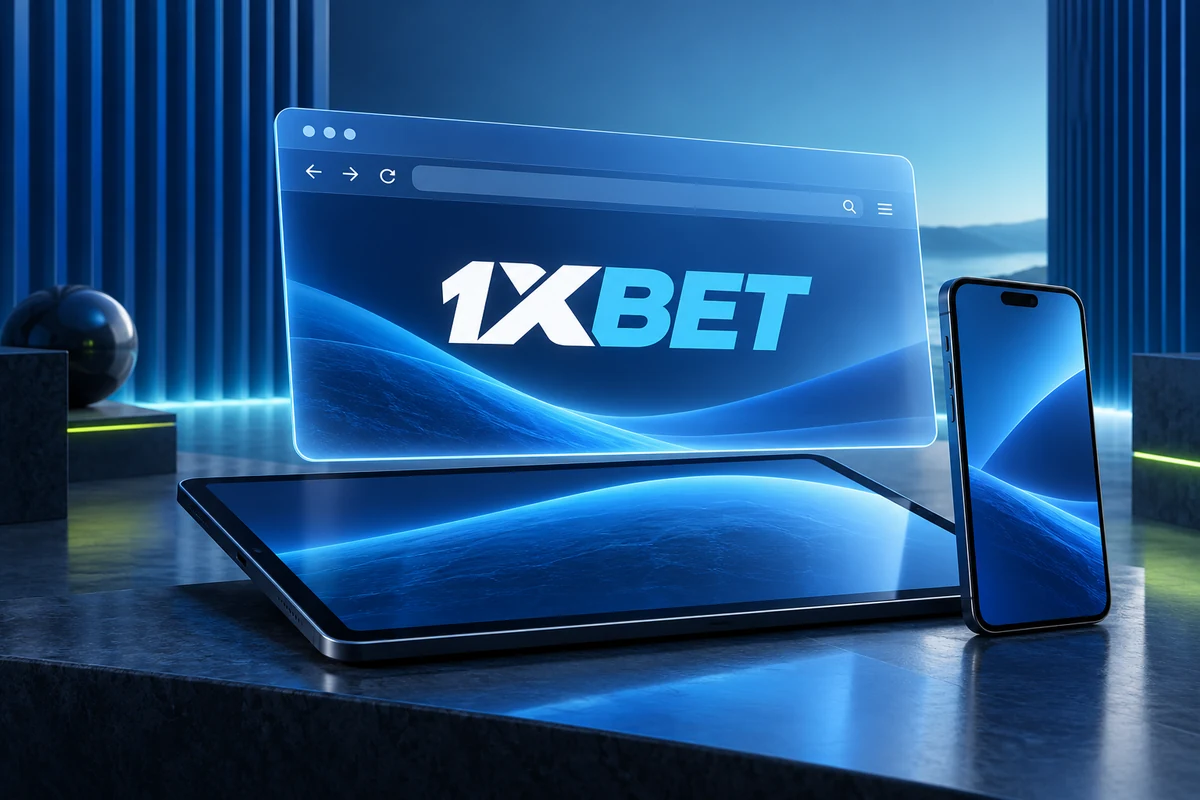 A 1XBET browser-window illustration above a tablet with a mobile phone beside it.