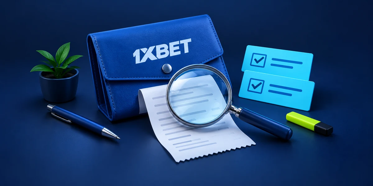 A 1XBET document wallet with a receipt, magnifying glass and checklist tabs.