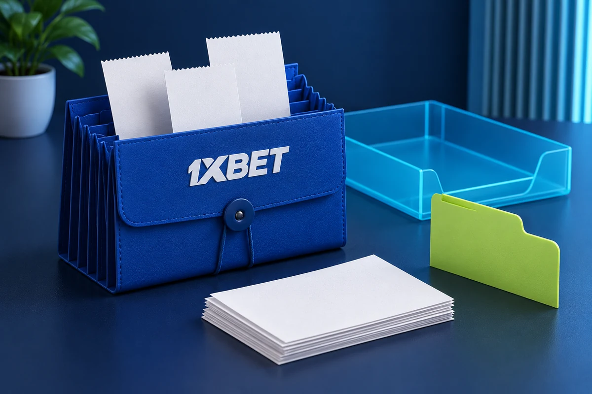 A blue 1XBET accordion file containing blank receipts beside a sorting tray and paper records.