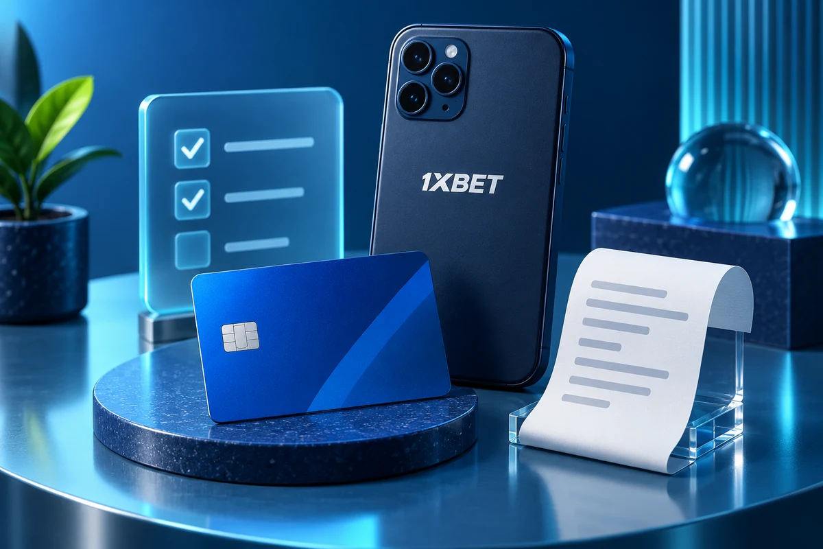 A 1XBET phone beside a blank payment card, receipt and checklist.