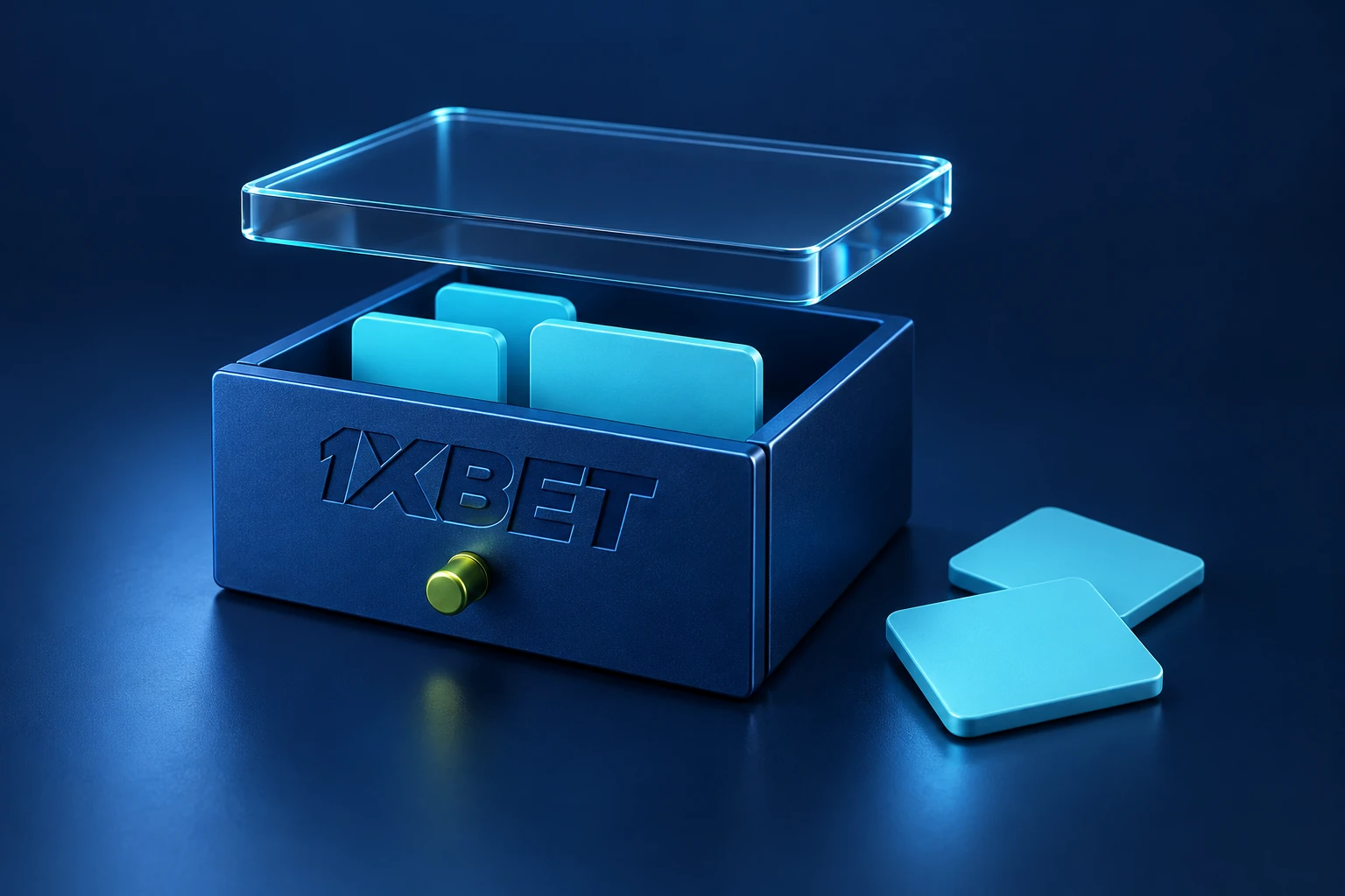 A small drawer engraved with 1XBET holds a few blank data tiles beneath a glass cover, with two spare tiles set aside.
