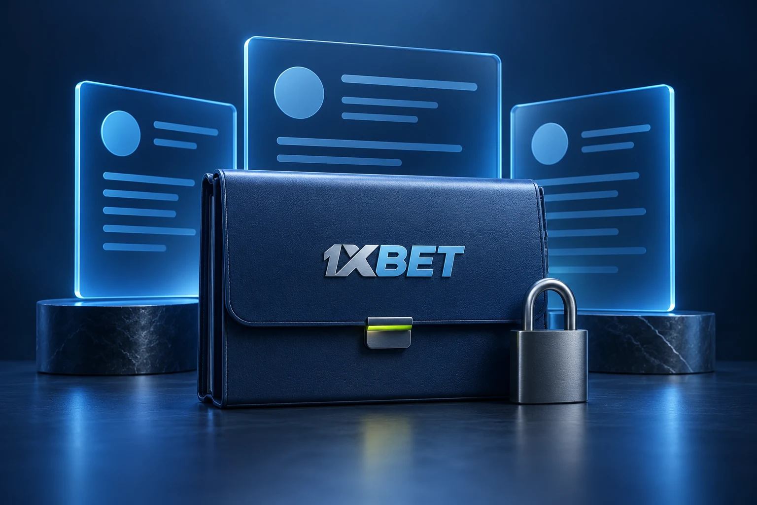 A closed 1XBET document case and padlock stand in front of three abstract data panels.