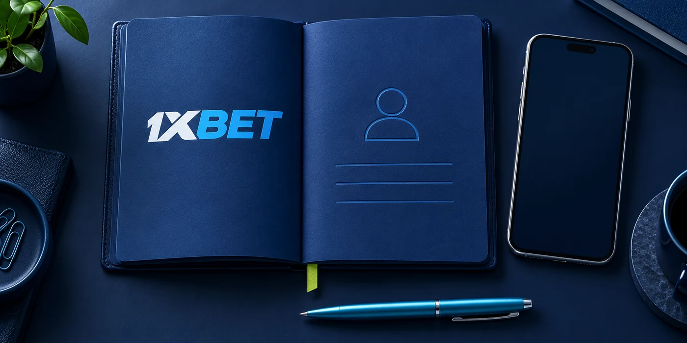 An open 1XBET website notebook with an unfilled account-form concept beside a phone.
