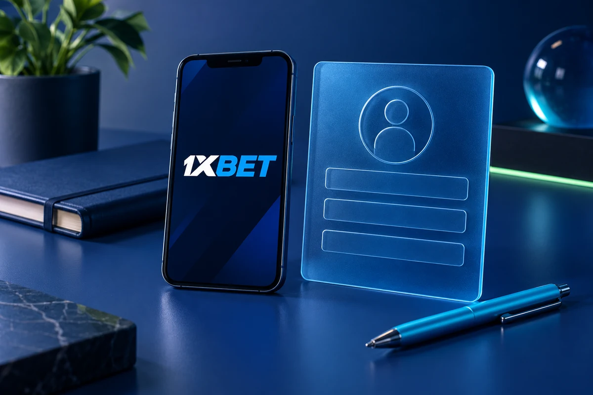 A 1XBET phone with a blank form card and pen illustrating account preparation.