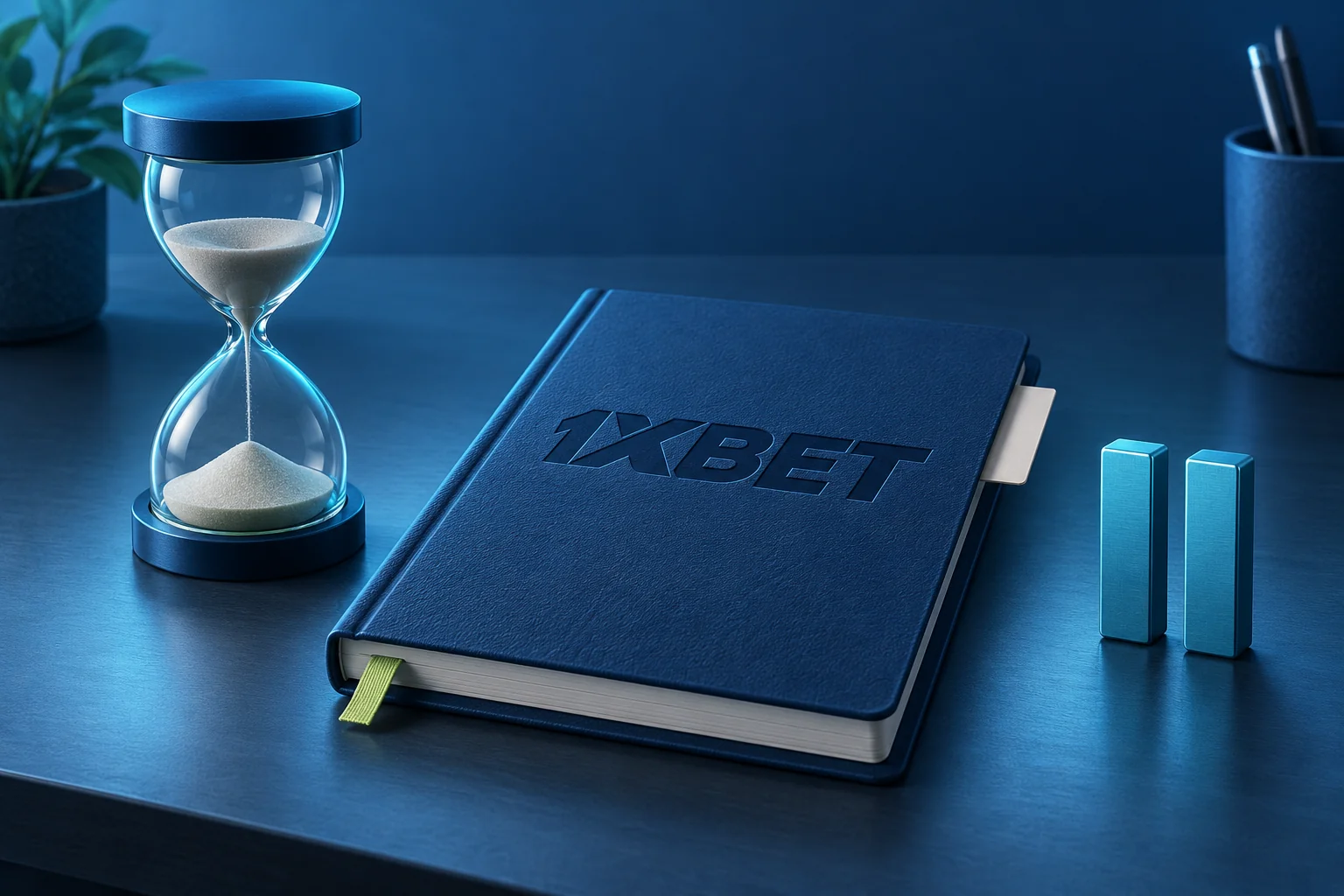 A sand timer, a closed notebook engraved with 1XBET and a blue pause symbol on a desk.