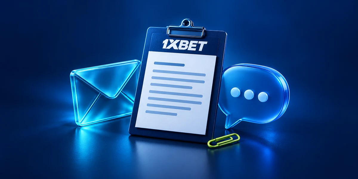 A 1XBET clipboard with a blank message sheet, envelope and speech bubble.