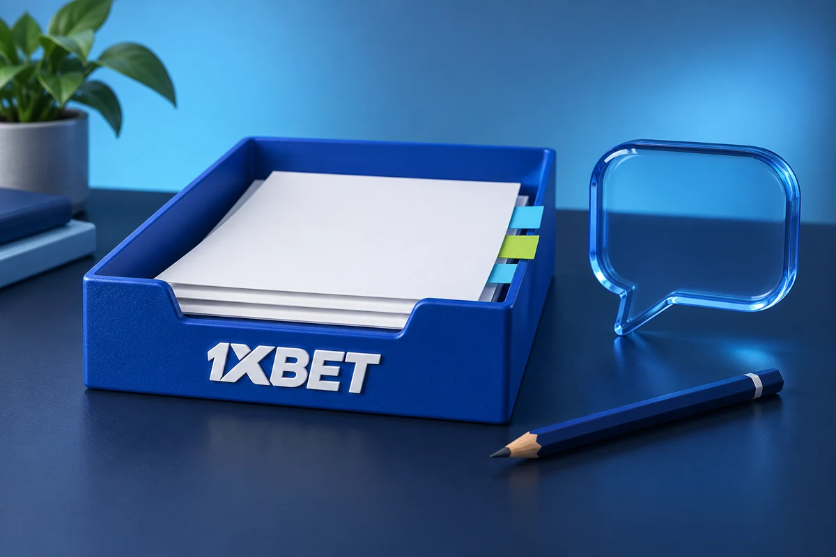 A 1XBET document tray with blank sheets and index tabs beside an empty speech bubble.