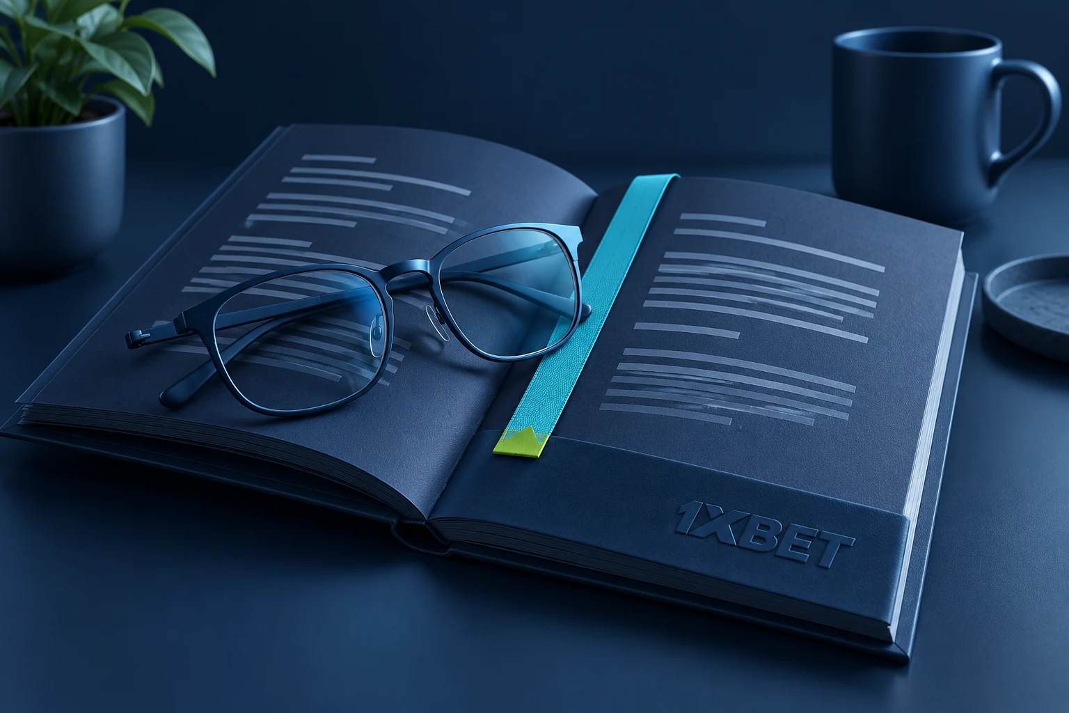 Reading glasses and a bookmark on an open booklet with abstract lines and 1XBET embossed on the cover edge.