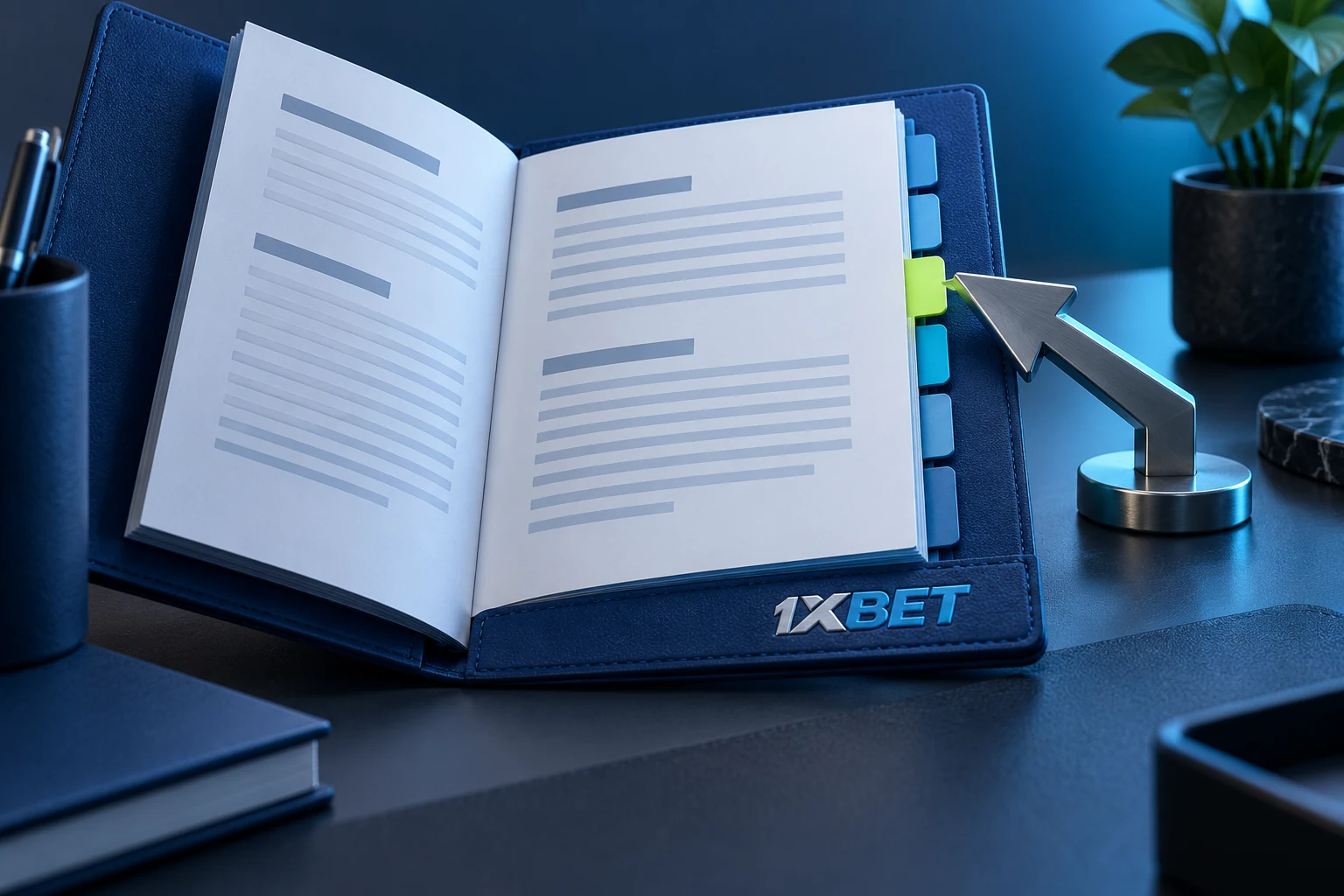 An open document folio with blank text lines, page tabs and a navigation arrow, with 1XBET embossed on its cover edge.