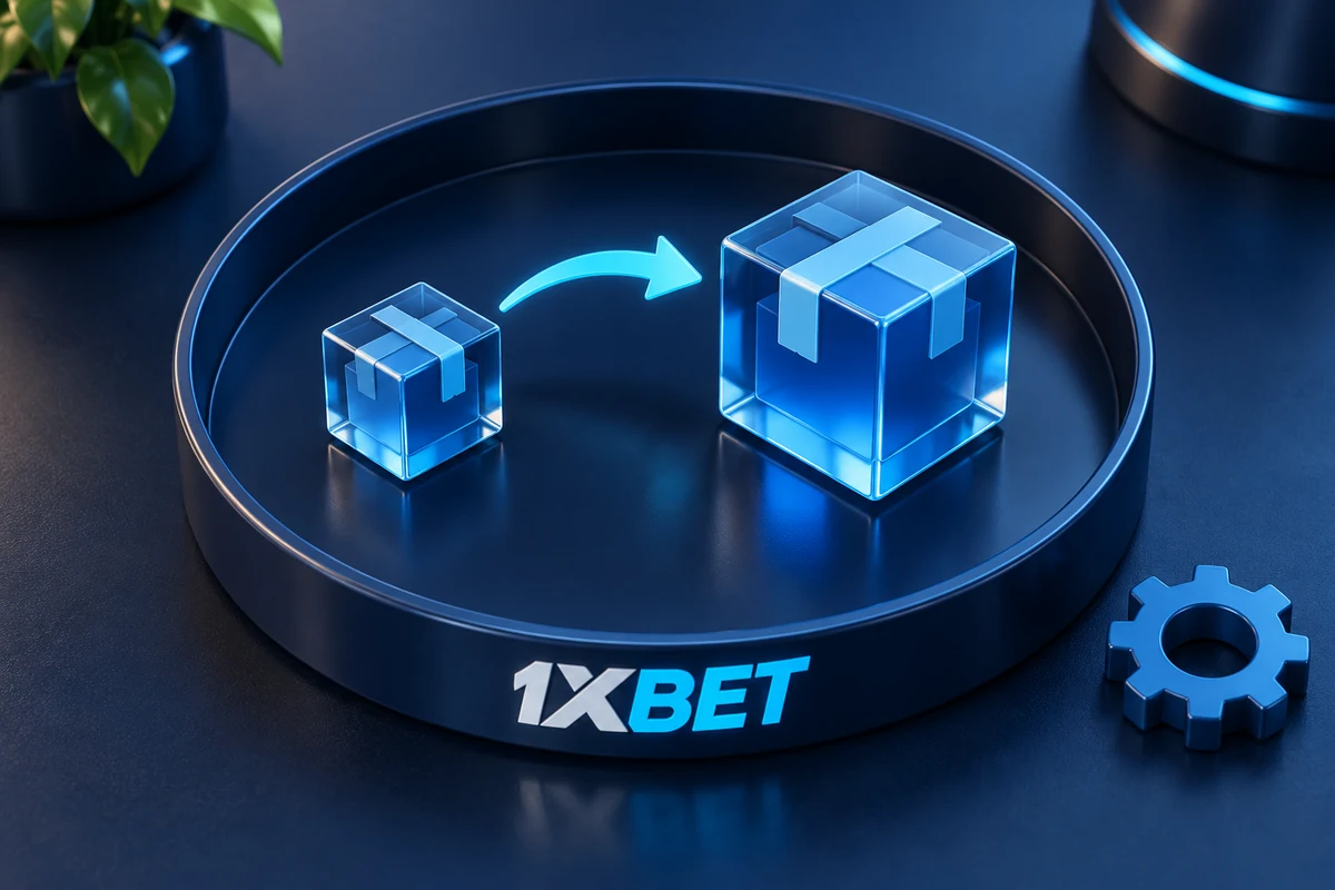 Two package cubes connected by a curved arrow on a 1XBET tray represent an app update.