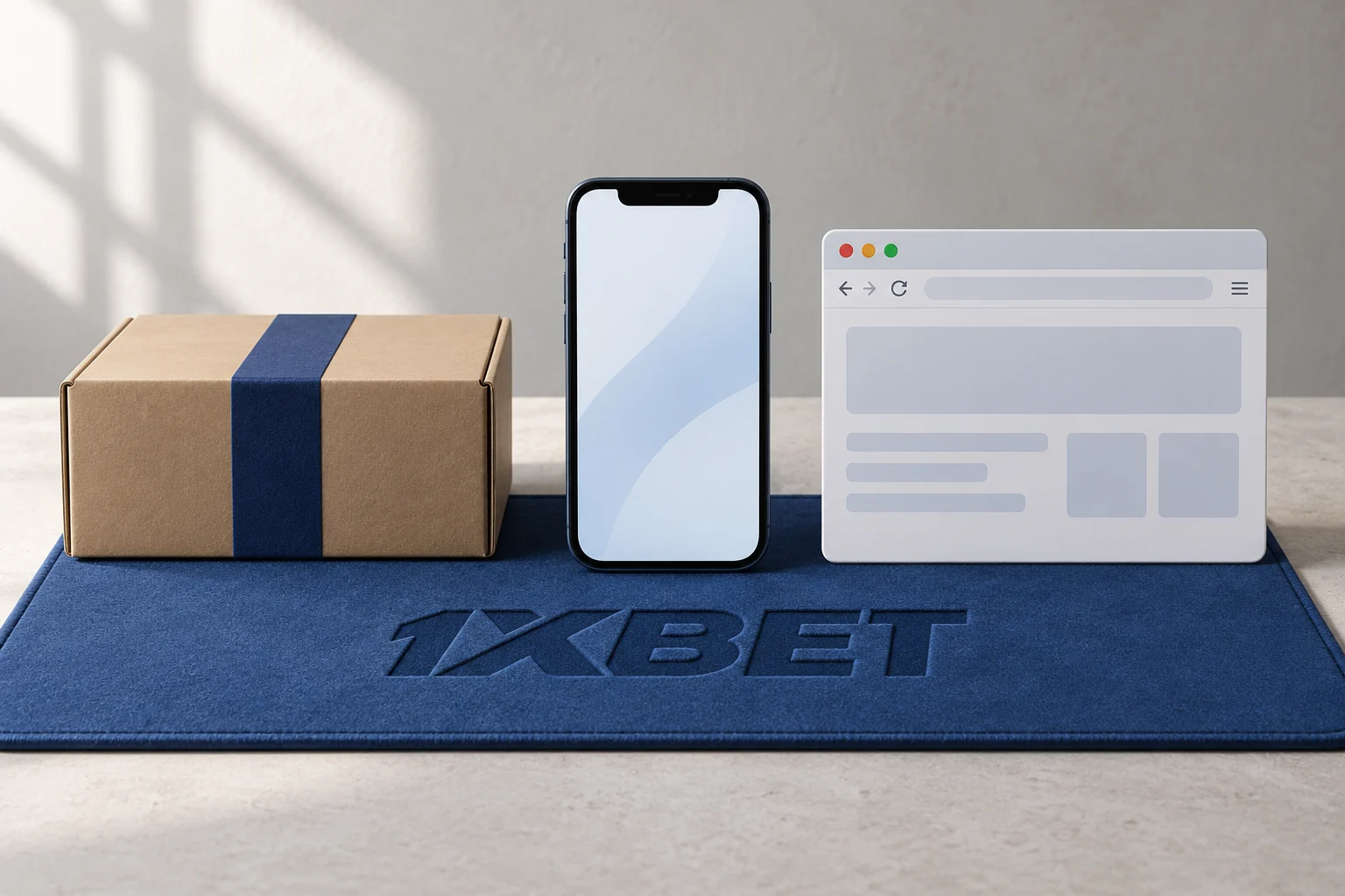 Un téléphone est placé entre un paquet fermé et un cadre de navigateur sur un tapis 1XBET.