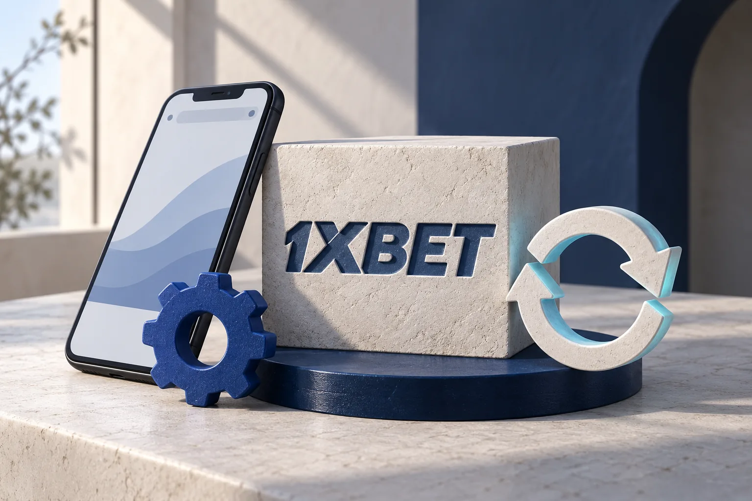 Un téléphone, une roue de réglage et un anneau de mise à jour entourent une boîte 1XBET.