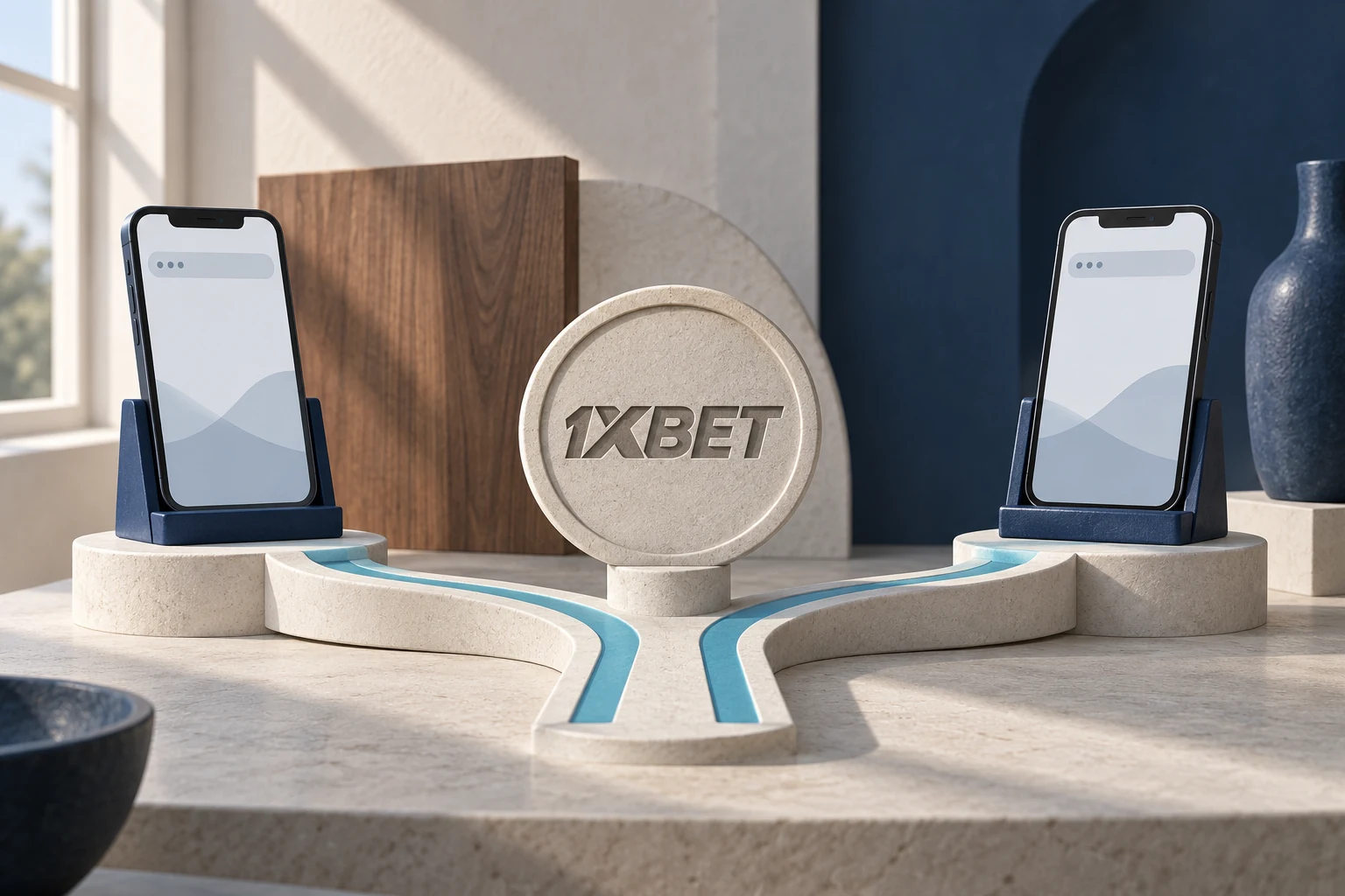 Deux supports de téléphone sont reliés par un chemin bifurqué autour d’un médaillon 1XBET.