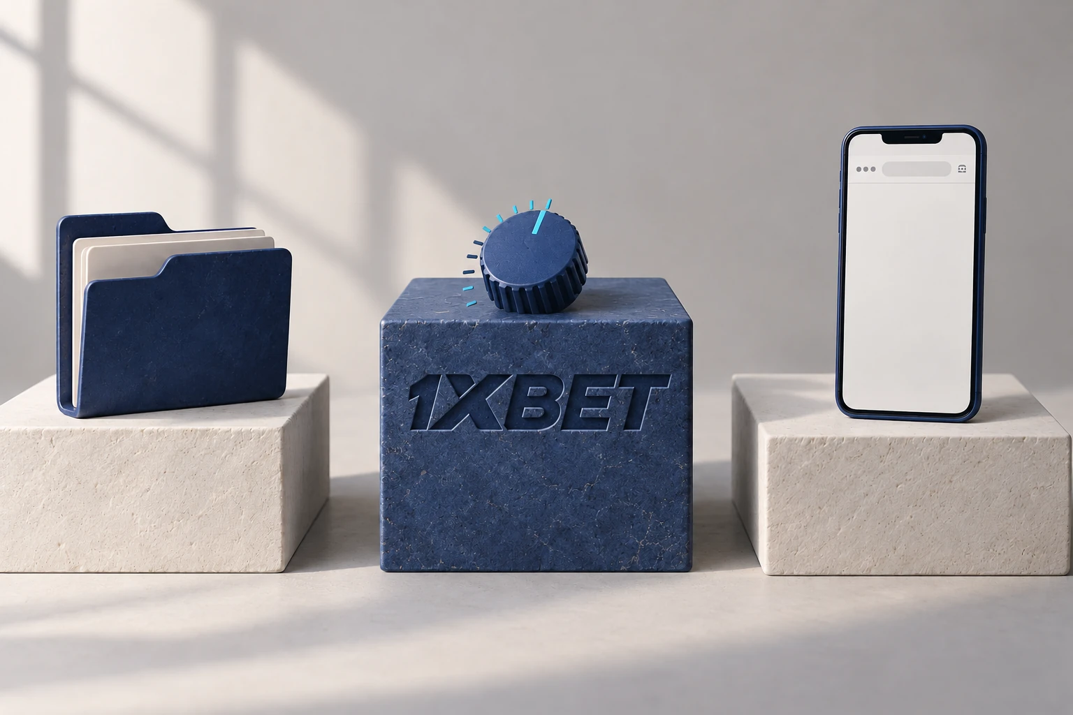 Trois plateaux séparent un fichier, une roue de réglage et un téléphone ; le plateau central porte 1XBET.