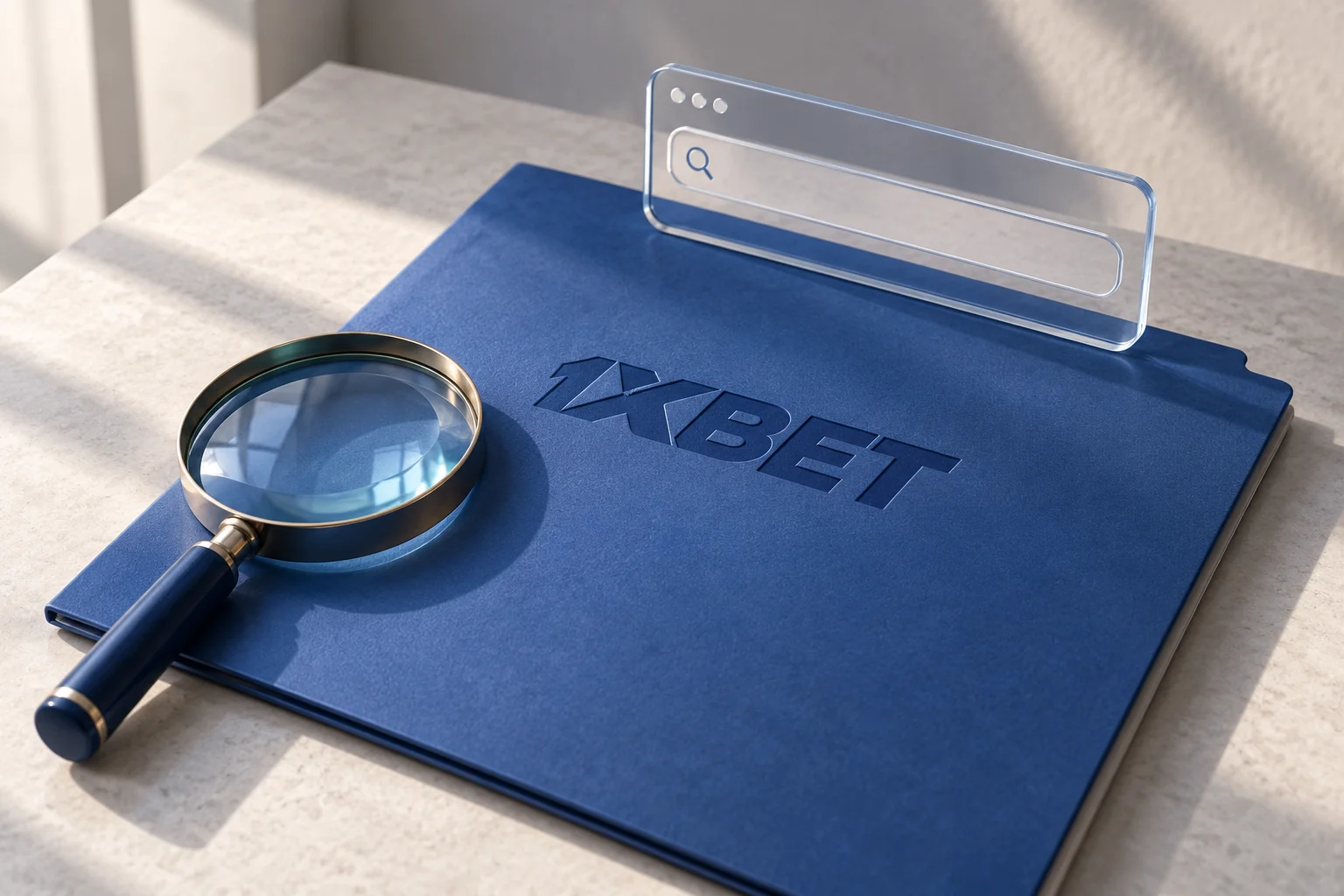 Une loupe et un cadre d’adresse transparent sont posés sur un dossier bleu marqué 1XBET.
