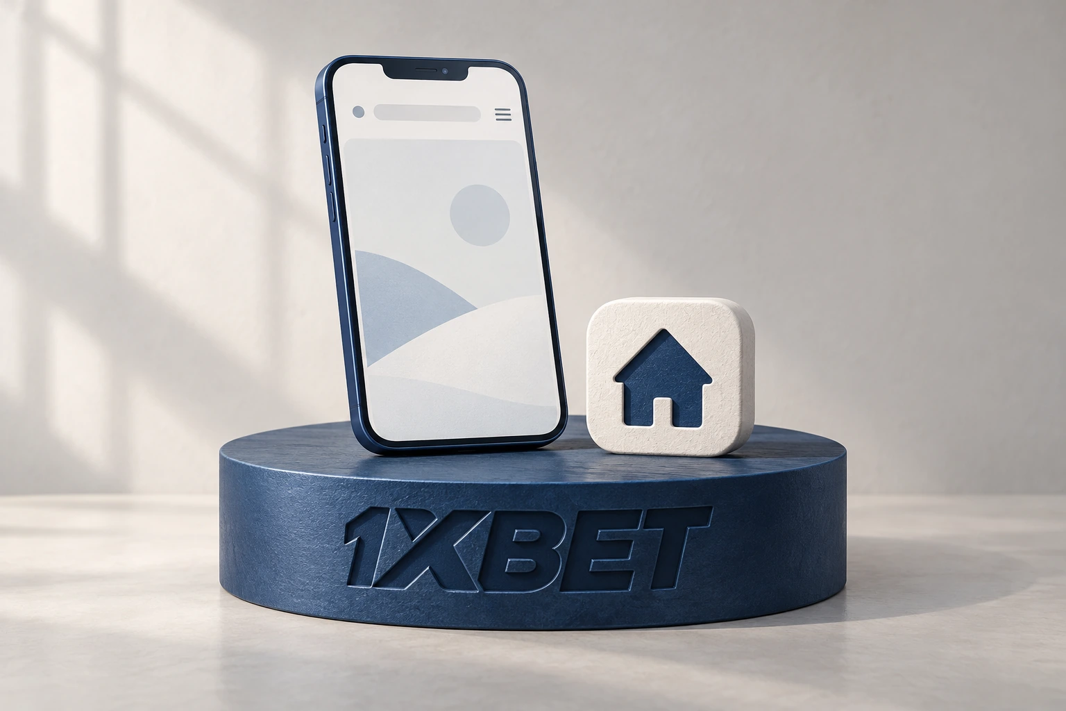 Un téléphone avec un navigateur abstrait et un repère d’écran d’accueil reposent sur une base 1XBET.