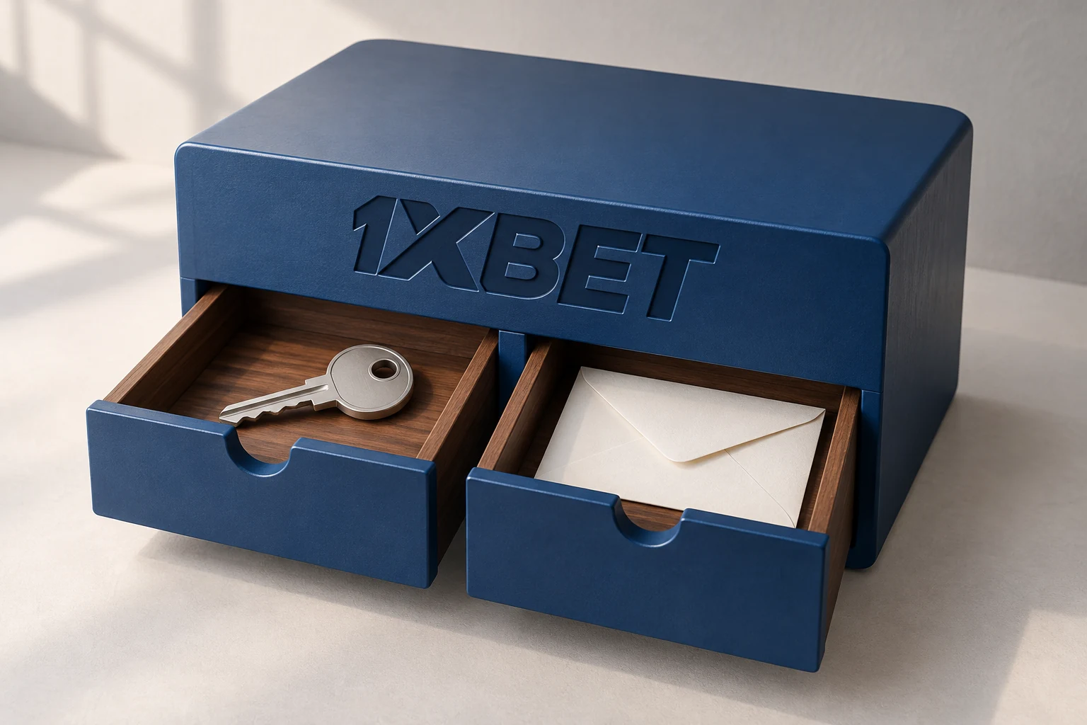 Une clé et une enveloppe occupent deux tiroirs distincts d’un organiseur bleu 1XBET.