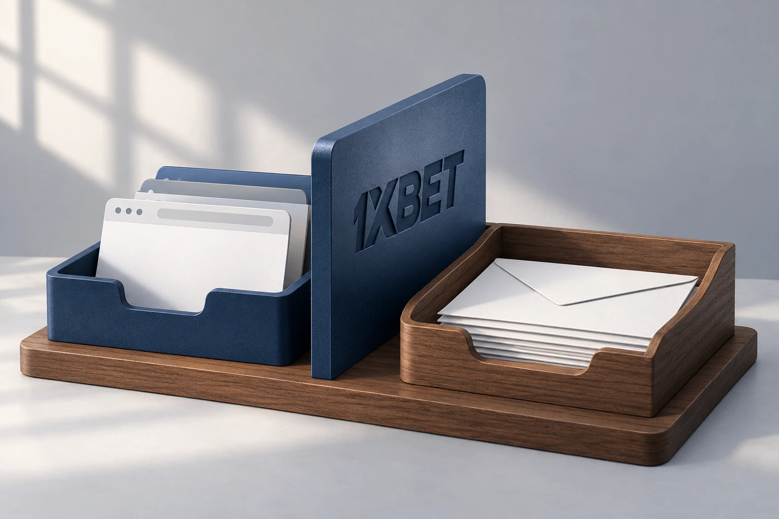 Un tiroir de navigateur et un plateau de courrier sont séparés par une cloison marquée 1XBET.