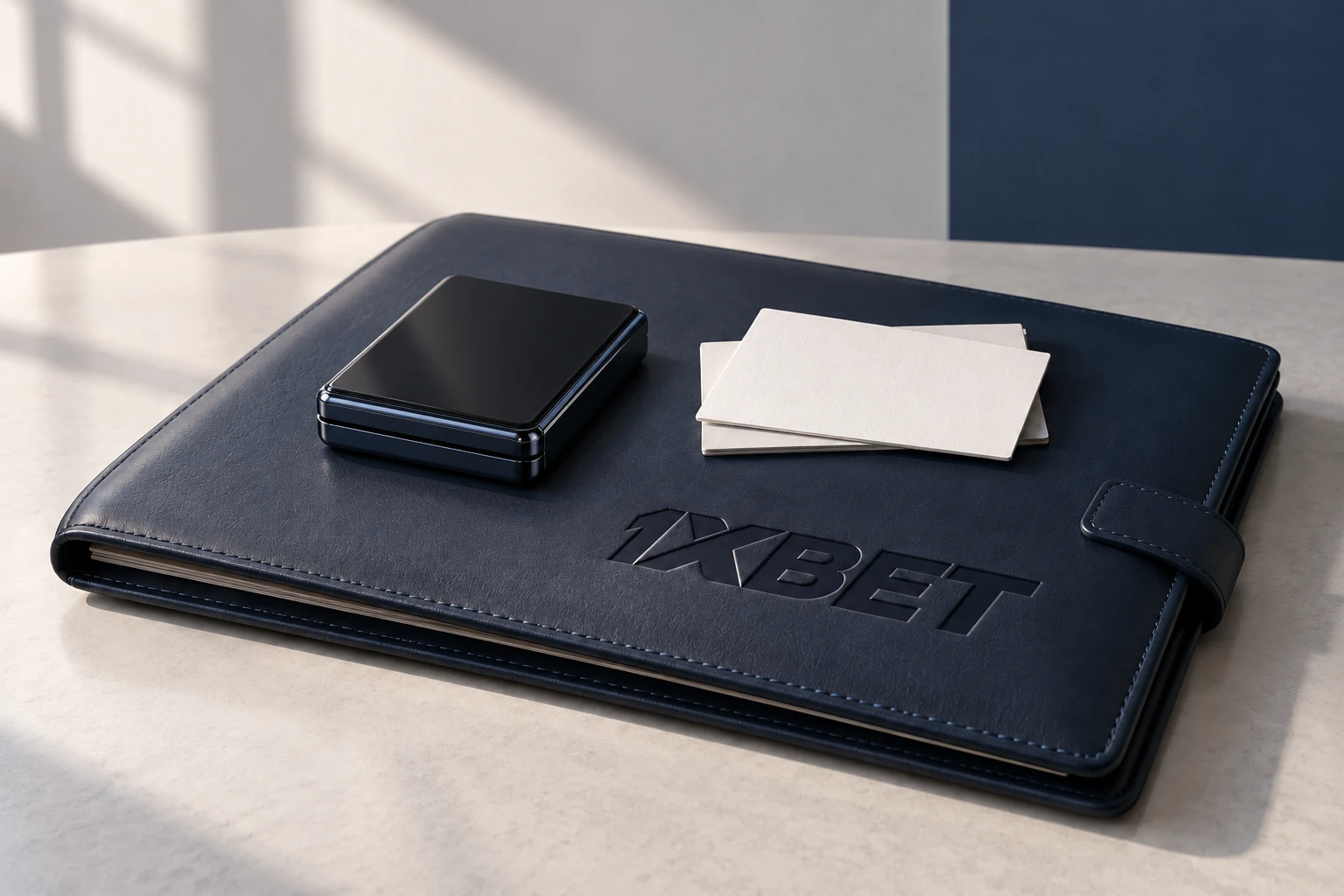 Un téléphone fermé et des cartes de coordonnées vierges reposent sur un porte-documents 1XBET.
