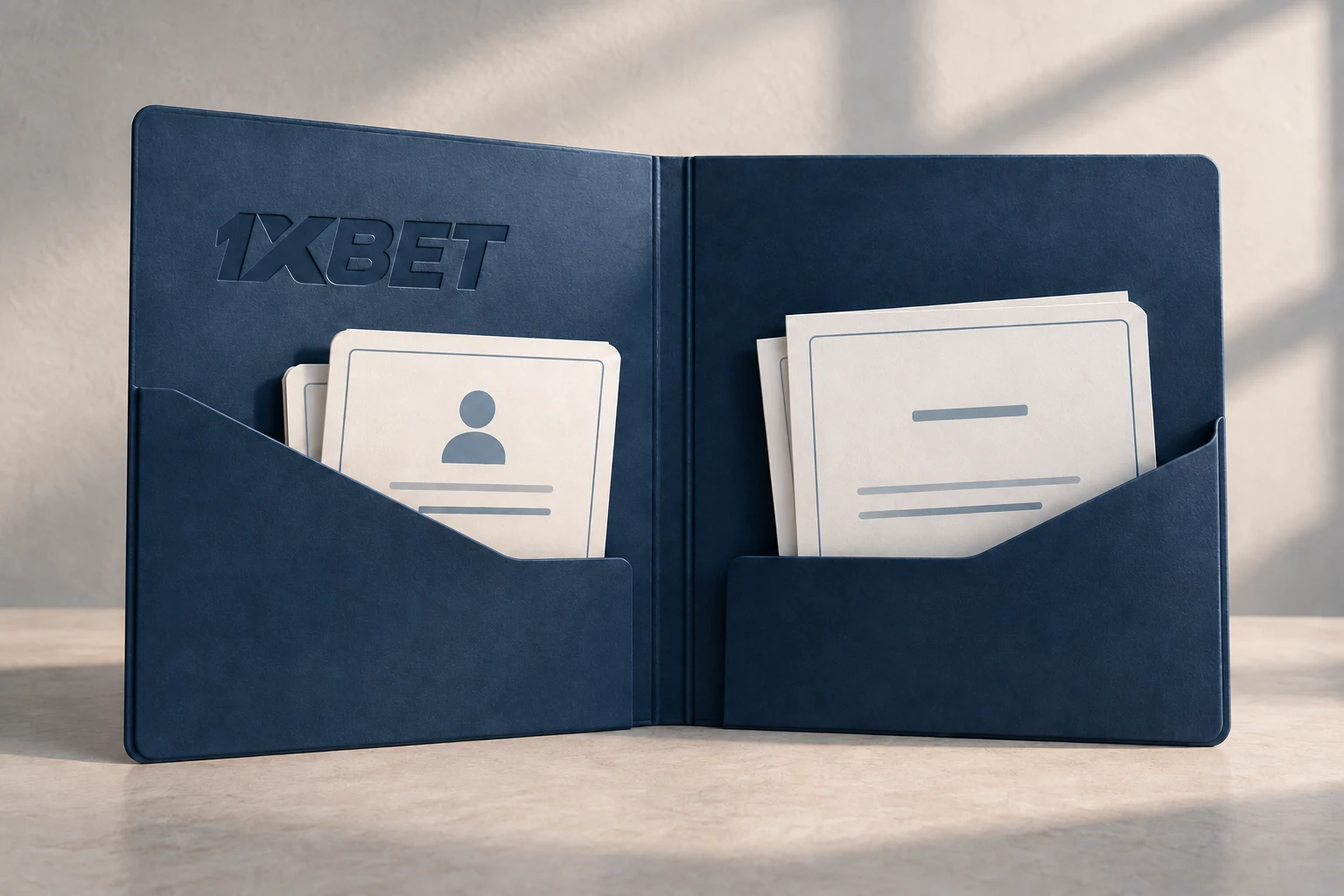 Des cartes de coordonnées et de confirmation sont séparées dans une chemise ouverte 1XBET.