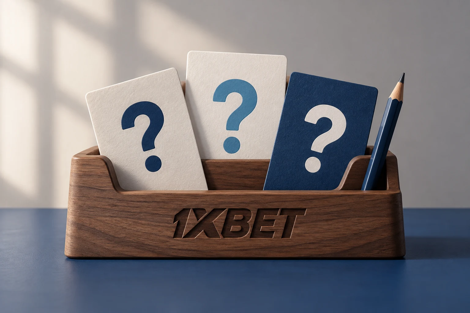 Trois cartes de question et un crayon sont rangés dans un porte-correspondance gravé 1XBET.