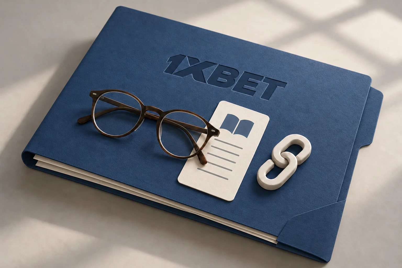 Des lunettes, une carte de lecture et un symbole de lien sont posés sur une chemise 1XBET.
