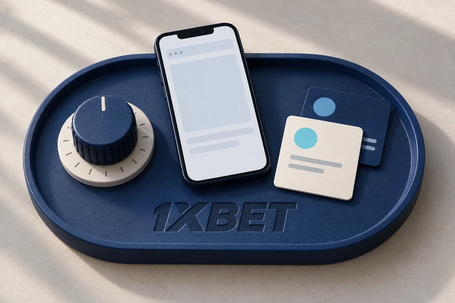 Une roue de réglage et deux cartes de version accompagnent un téléphone sur un plateau 1XBET.