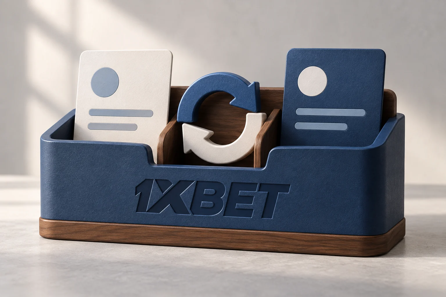 Deux cartes de version et une flèche circulaire sont rangées dans un organiseur 1XBET.