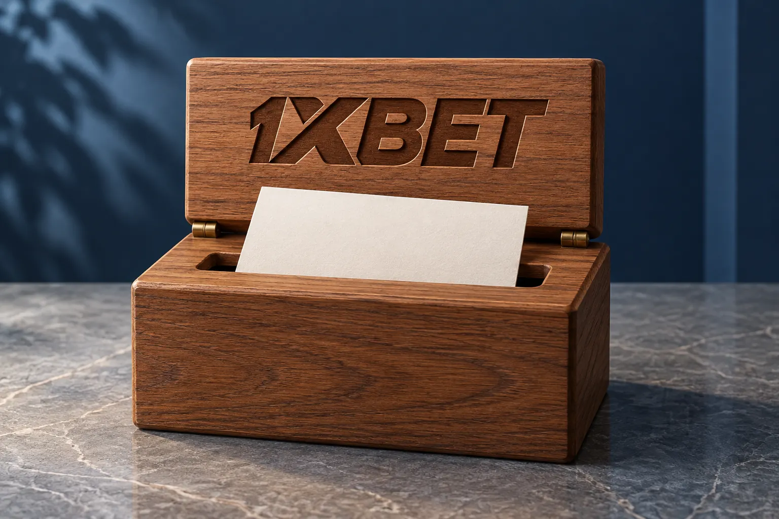 خالی خط و کتابت کا کارڈ لکڑی کے پیغام دان کے دہانے پر ہے؛ ڈبے کے ڈھکن پر 1XBET کندہ ہے۔